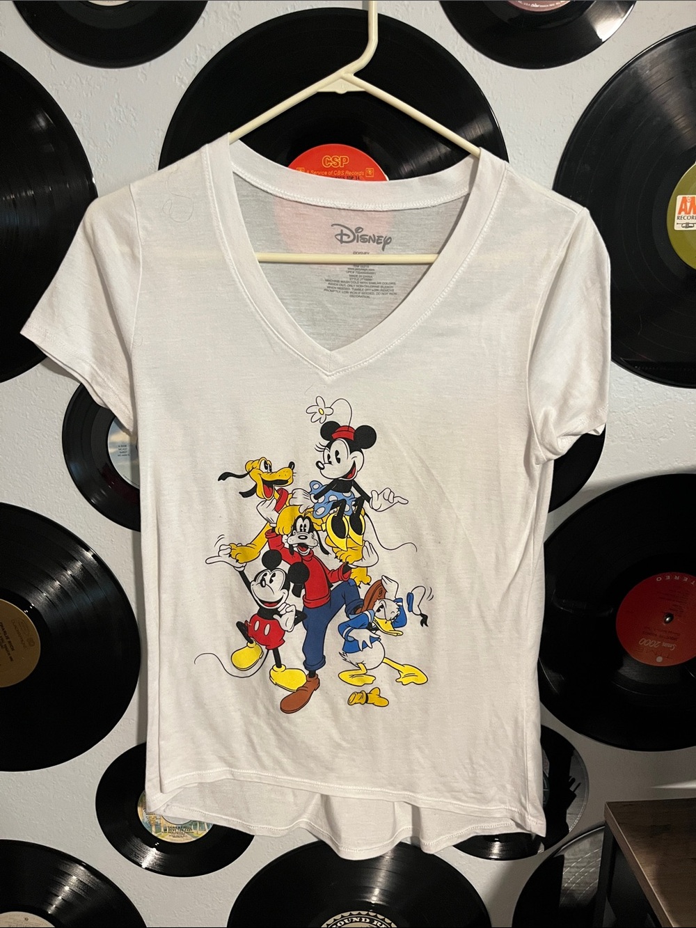 Disney White V-Neck Tee with Mickey & Friends Multi-Color Graphic